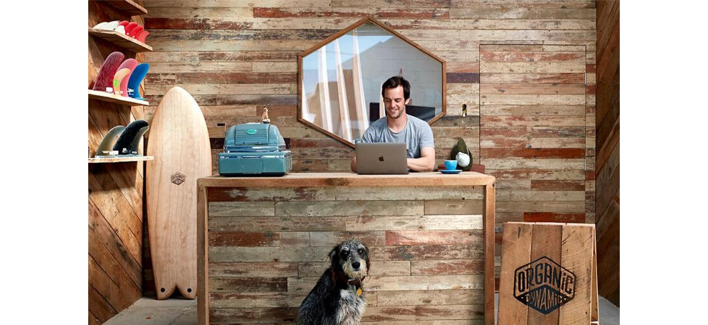 Jack behind the counter of his Verdure Surf shop, on the computer while his dog sits looking at the camera.